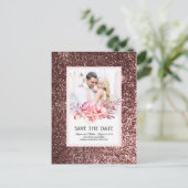 Roos Gold Glitter Bloemen Blush Foto Sla de datum Aankondigingskaart (Staand voorkant)