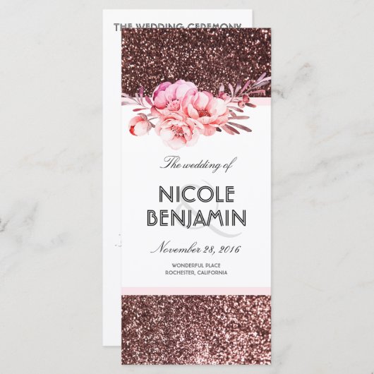 Roos Gold Glitter Bloemen Trouwprogramma's Programmakaart (Voorkant / Achterkant)