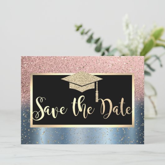 Roos Gold Glitter Blue Afstuderen Save the Date (Staand voorkant)
