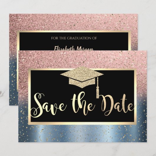 Roos Gold Glitter Blue Afstuderen Save the Date (Voorkant / Achterkant)