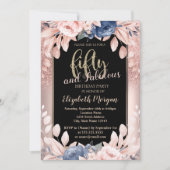 Roos Gold Glitter Blue Flowers 50e verjaardag Kaart (Voorkant)
