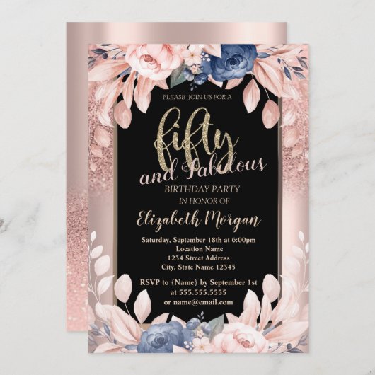 Roos Gold Glitter Blue Flowers 50e verjaardag Kaart (Voorkant / Achterkant)