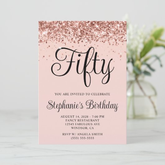 Roos Gold Glitter Blush 50e Verjaardag Kaart (Staand voorkant)