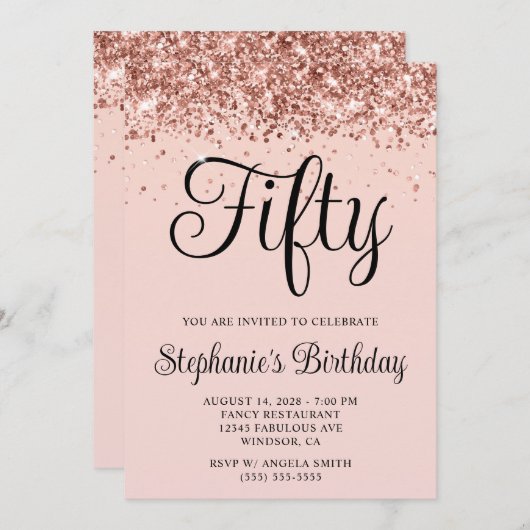 Roos Gold Glitter Blush 50e Verjaardag Kaart (Voorkant / Achterkant)