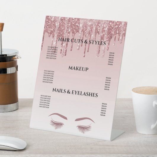 Roos Gold Glitter Blush Hair Makeup Salon Price Pe Reclamebord Met Voetstuk (Insitu)