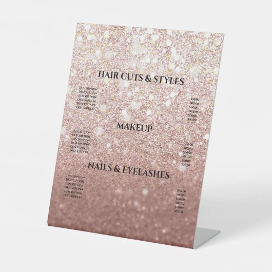 Roos Gold Glitter Blush Hair Makeup Salon Price Reclamebord Met Voetstuk (Voorkant)