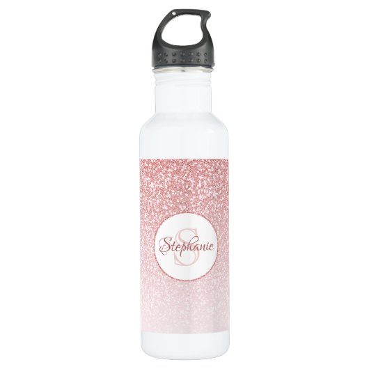 Roos Gold Glitter Blush Monogram Gepersonaliseerd Waterfles (Voorkant)