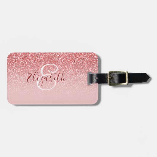Roos Gold Glitter Blush Ombre Monogram Bagagelabel (Voorkant horizontaal)