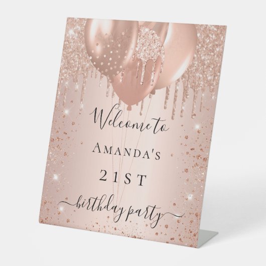 Roos gold glitter blush party welkom reclamebord met voetstuk (Voorkant)