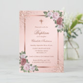 Roos Gold Glitter Blush Pink Floral Girl Baptisme Kaart (Staand voorkant)