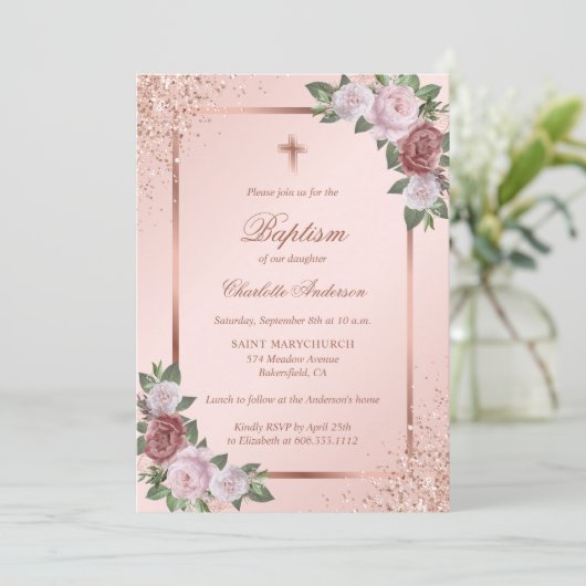 Roos Gold Glitter Blush Pink Floral Girl Baptisme Kaart (Staand voorkant)