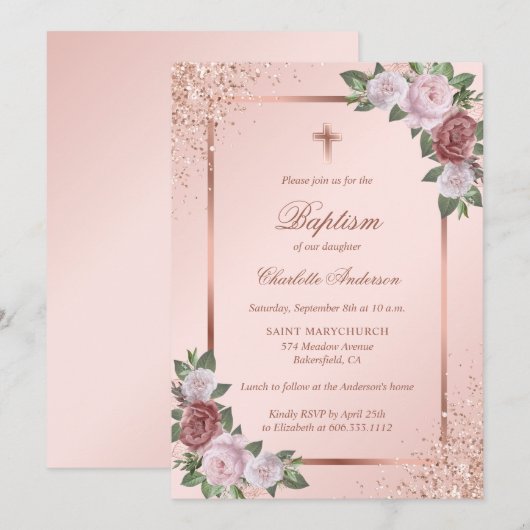 Roos Gold Glitter Blush Pink Floral Girl Baptisme Kaart (Voorkant / Achterkant)