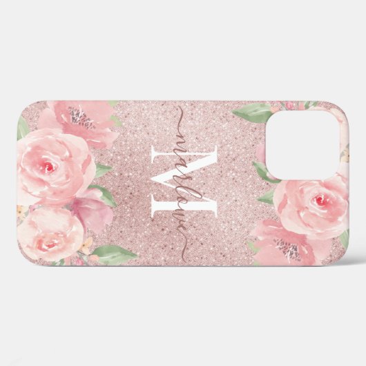 Roos Gold Glitter Blush Pink Floral Monogram Case-Mate iPhone Case (Achterkant (horizontaal))