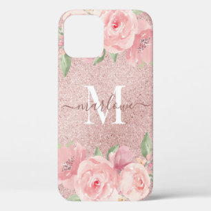 Roos Gold Glitter Blush Pink Floral Monogram Case-Mate iPhone Case