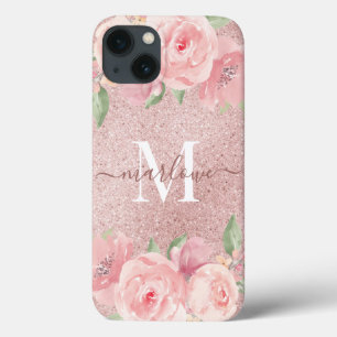 Roos Gold Glitter Blush Pink Floral Monogram Case-Mate iPhone Case