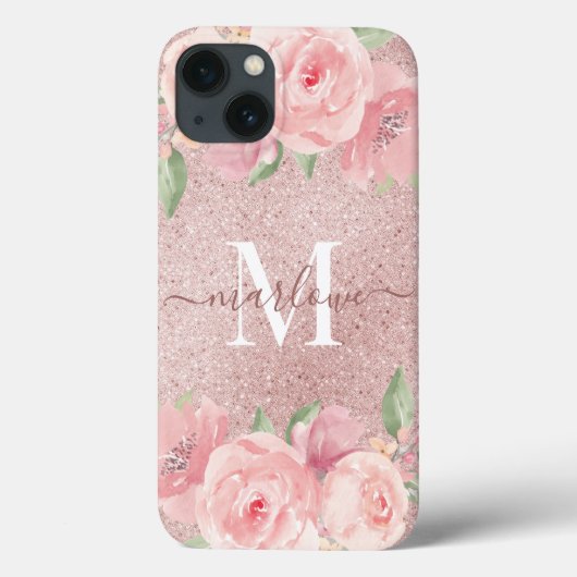 Roos Gold Glitter Blush Pink Floral Monogram Case-Mate iPhone Case (Achterkant)
