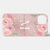 Roos Gold Glitter Blush Pink Floral Monogram Case-Mate iPhone Case (Achterkant (horizontaal))
