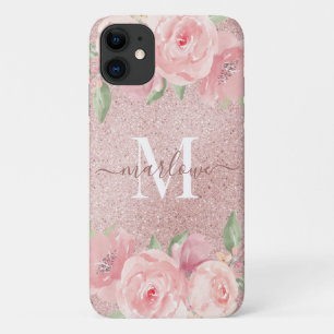 Roos Gold Glitter Blush Pink Floral Monogram Case-Mate iPhone Case