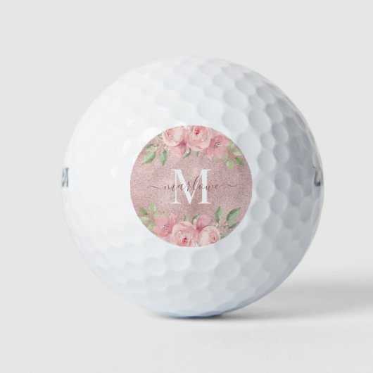 Roos Gold Glitter Blush Pink Floral Monogram Golfballen (Voorkant)