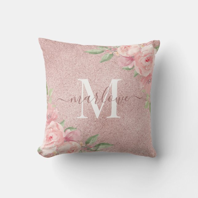 Roos Gold Glitter Blush Pink Floral Monogram Kussen (Voorkant)