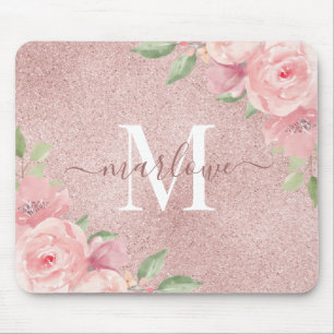 Roos Gold Glitter Blush Pink Floral Monogram Muismat