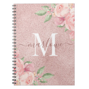 Roos Gold Glitter Blush Pink Floral Monogram Notitieboek
