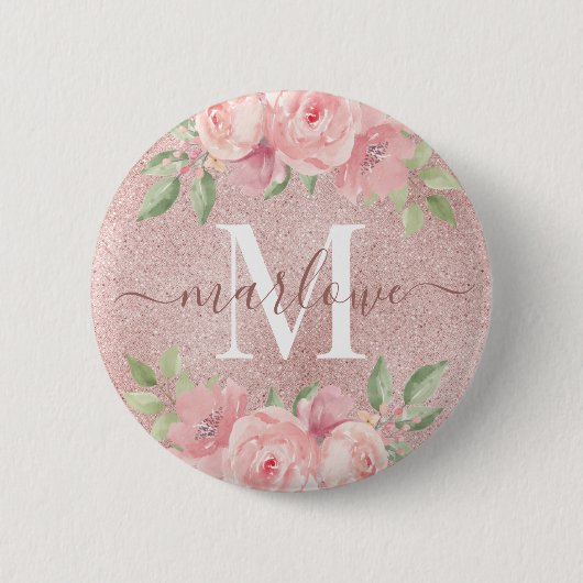 Roos Gold Glitter Blush Pink Floral Monogram Ronde Button 5,7 Cm (Voorkant)