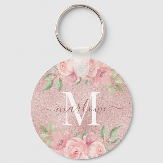 Roos Gold Glitter Blush Pink Floral Monogram Sleutelhanger (Voorkant)