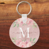 Roos Gold Glitter Blush Pink Floral Monogram Sleutelhanger (Voorkant)