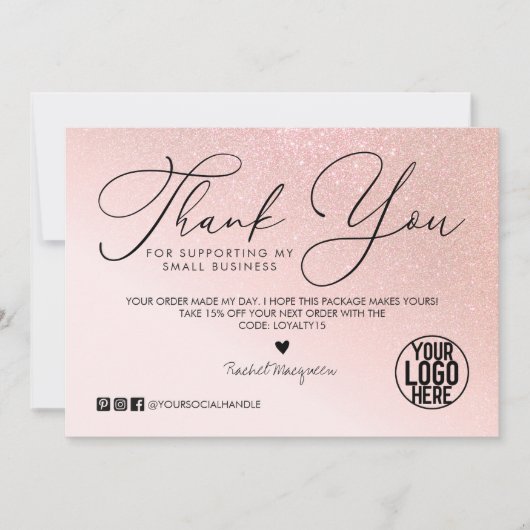 Roos Gold Glitter Blush Pink Klantbedrijf Bedankkaart (Voorkant)