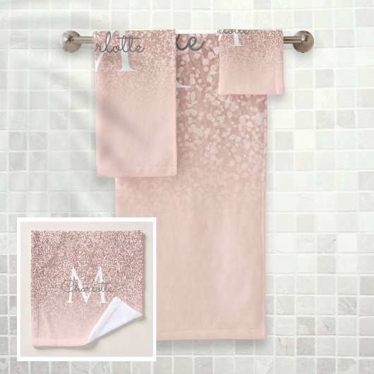 Roos Gold Glitter Blush Pink Monogram Bad Handdoek