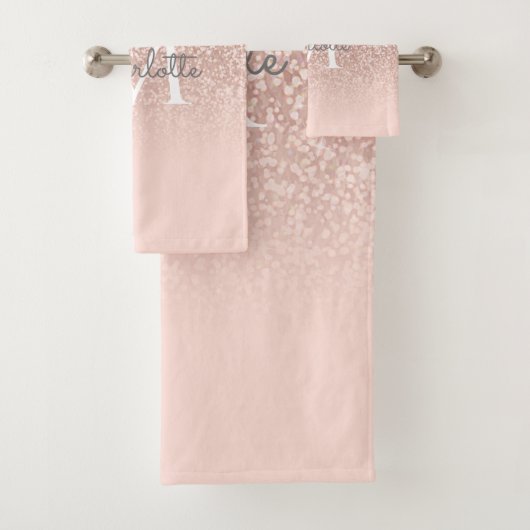 Roos Gold Glitter Blush Pink Monogram Bad Handdoek (Insitu)