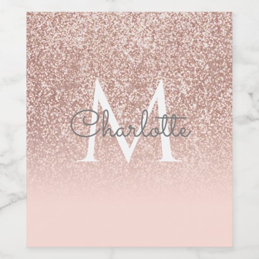 Roos Gold Glitter Blush Pink Monogram Wijn Etiket (Enkel label)