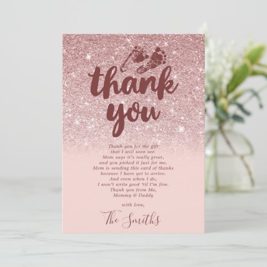 Roos Gold Glitter Blush Pink Ombre Baby shower Bedankkaart (Staand voorkant)