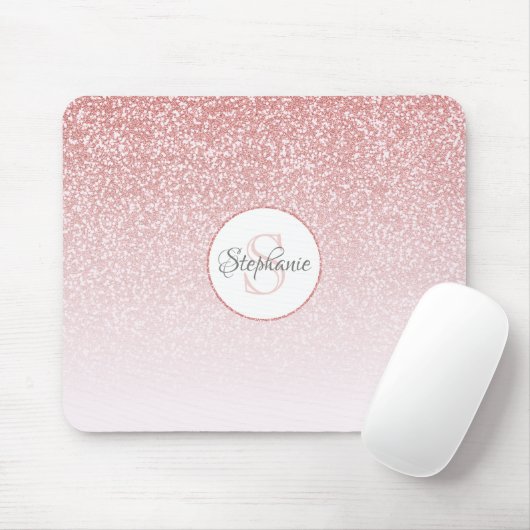 Roos Gold Glitter Blush Pink Ombre Monogram Naam Muismat (Met muis)