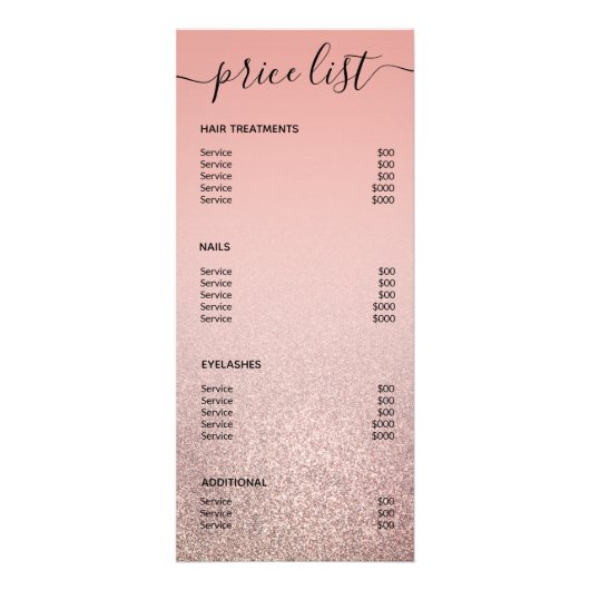 Roos Gold Glitter Blush Pink Salon Price List Menu (Achterkant)