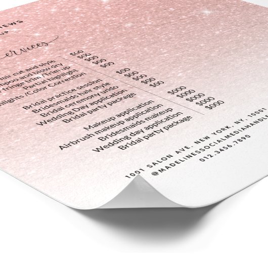Roos Gold Glitter Blush Sparkle Salon Price List Poster (Hoek)