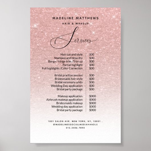 Roos Gold Glitter Blush Sparkle Salon Price List Poster (Voorkant)