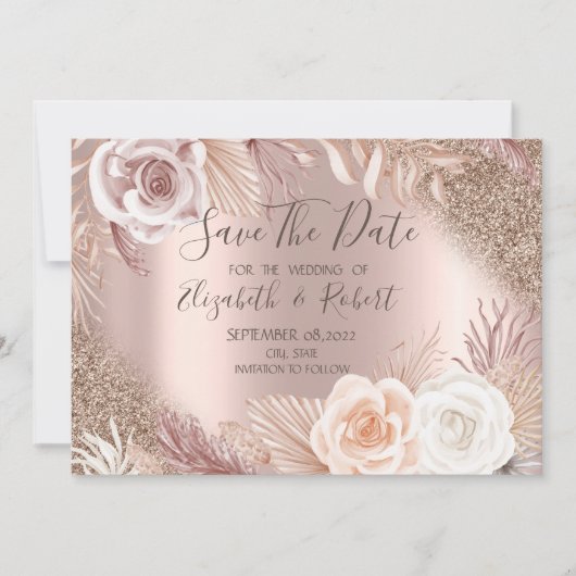 Roos Gold Glitter Boho Flowers Ombre Save the Date (Voorkant)
