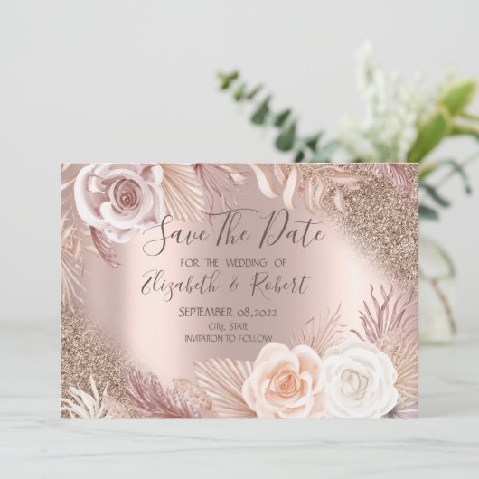 Roos Gold Glitter Boho Flowers Ombre Save the Date (Staand voorkant)