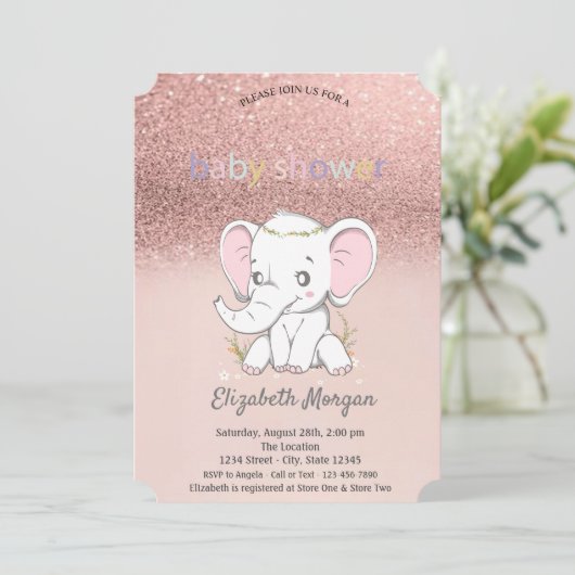 Roos Gold Glitter Bokeh, Baby olifant Baby shower Kaart (Staand voorkant)