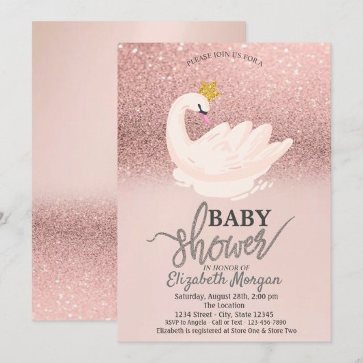 Roos Gold Glitter Bokeh, Baby shower Swan Kaart (Voorkant / Achterkant)