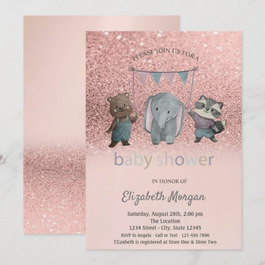Roos Gold Glitter Bokeh, Baby shower van dieren Kaart (Voorkant / Achterkant)