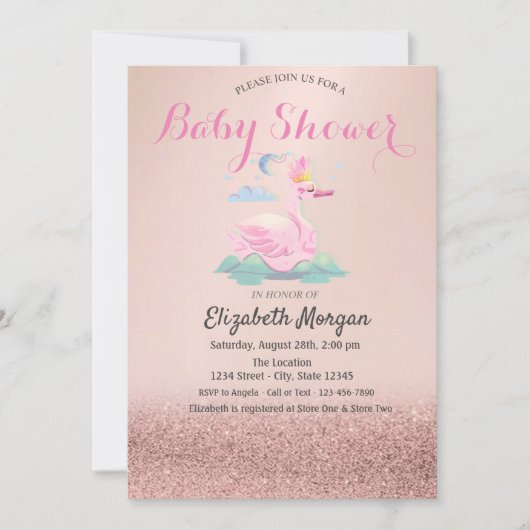 Roos Gold Glitter Bokeh, Baby Swan Baby shower Kaart (Voorkant)