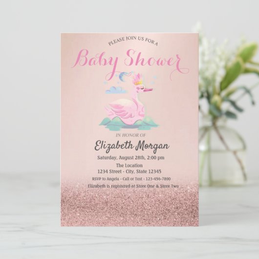 Roos Gold Glitter Bokeh, Baby Swan Baby shower Kaart (Staand voorkant)