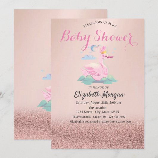 Roos Gold Glitter Bokeh, Baby Swan Baby shower Kaart (Voorkant / Achterkant)
