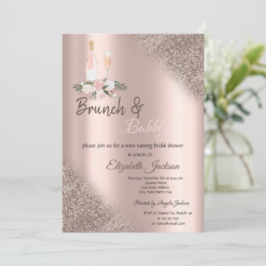 Roos Gold Glitter Bokeh Brunch & Bubbly Kaart (Staand voorkant)