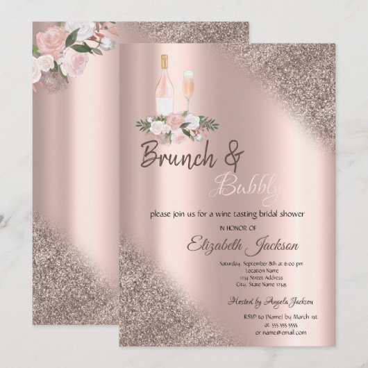 Roos Gold Glitter Bokeh Brunch & Bubbly Kaart (Voorkant / Achterkant)