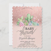 Roos Gold Glitter Bokeh, Cactus Baby shower Kaart (Voorkant)