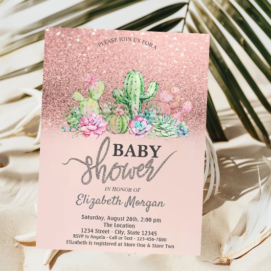 Roos Gold Glitter Bokeh, Cactus Baby shower Kaart